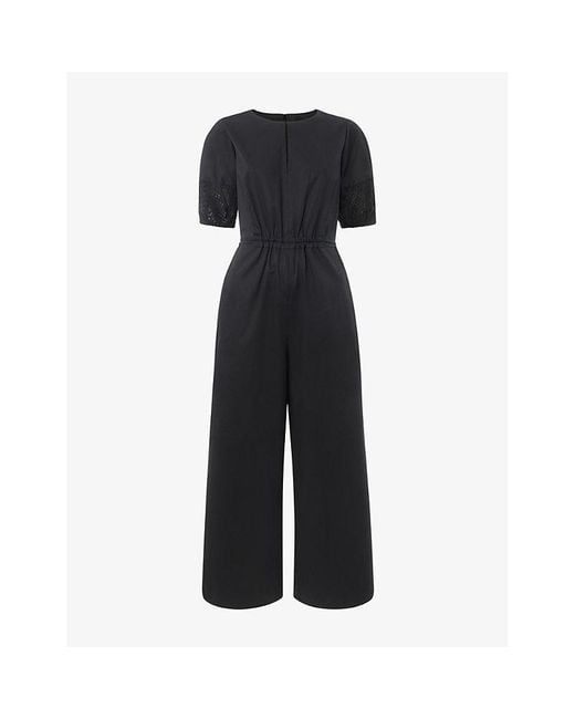 Whistles Black Broderie-Trim Square-Neck Cotton-Poplin Jumpsuit