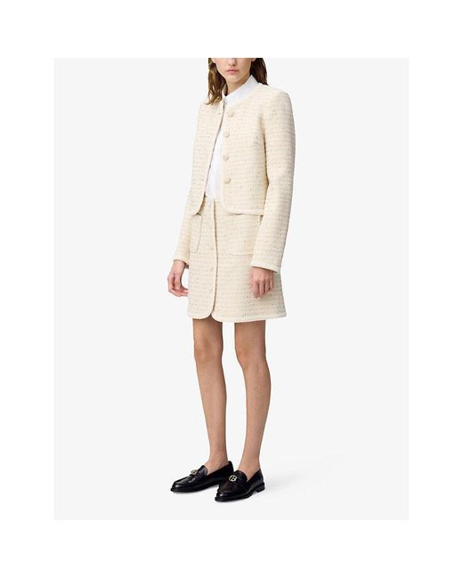 Claudie Pierlot Natural Patch-Pocket Button-Down Tweed Mini Skirt