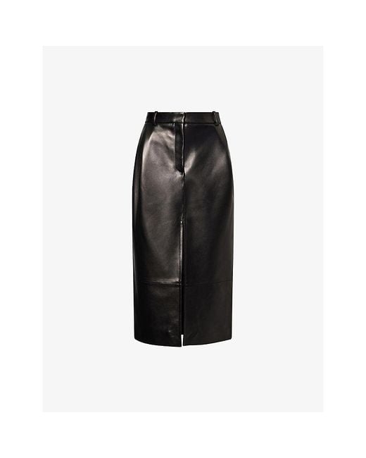 Khaite Black Anden Pleated Leather Midi Skirt