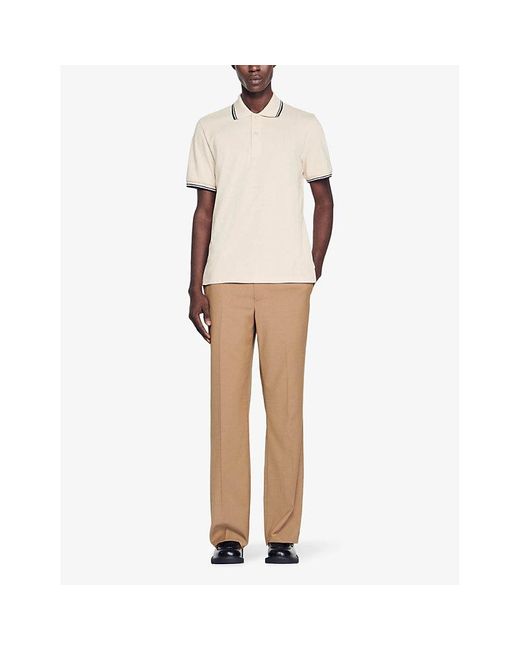 Sandro Natural Contrast-trim Short-sleeve Cotton-pique Polo Shirt for men