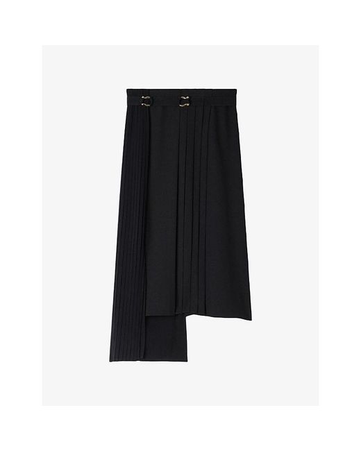 Sandro Black Pleated Asymmetric Woven Midi Skirt