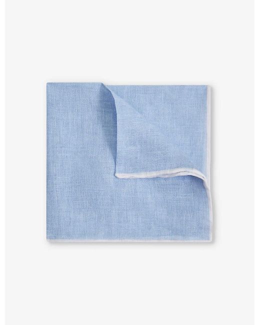 Reiss Blue Siracusa Contrast-trim Linen Pocket Square for men