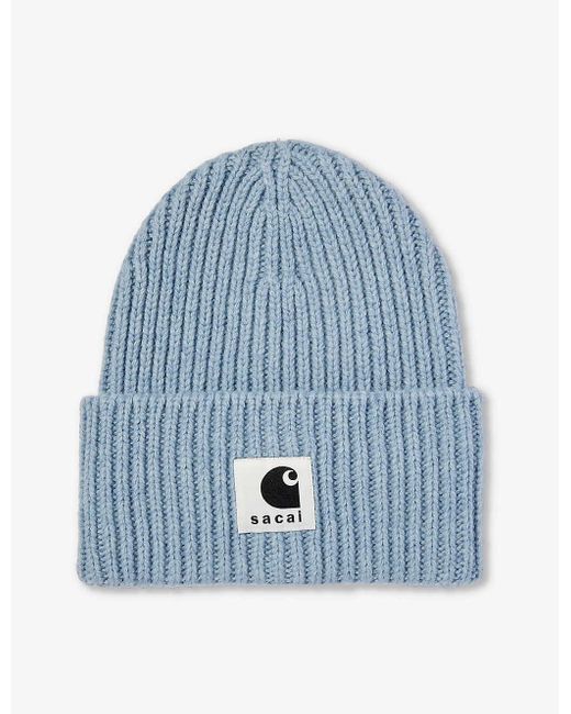 Sacai Blue X Carhartt Wip Brand-patch Ribbed-knit Wool-blend Beanie Hat for men