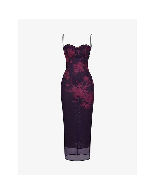 House Of Cb Purple Aiza Floral-print Stretch-mesh Woven Maxi Dress