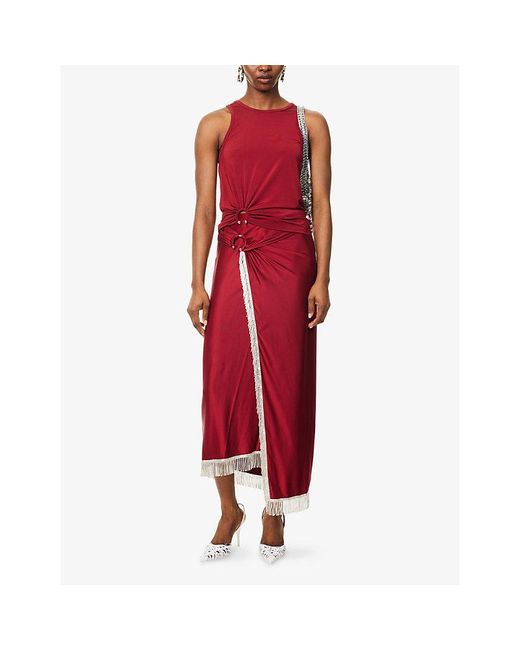 Rabanne Red Draped Fringed Stretch-Jersey Midi Skirt