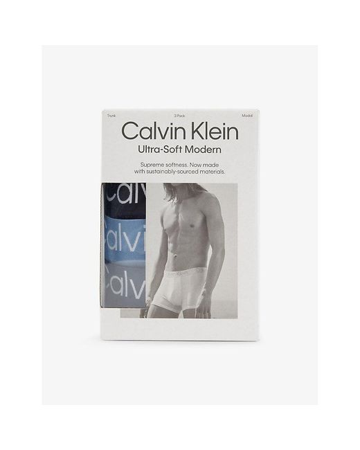 Calvin Klein Blue Ultra-Soft Modern Mid-Rise Pack Of Three Stretch-Reprocessed-Modal Trunks for men