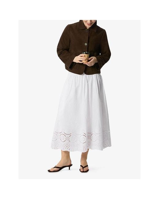 Whistles White Flared Broderie-Trim Cotton Midi Skirt