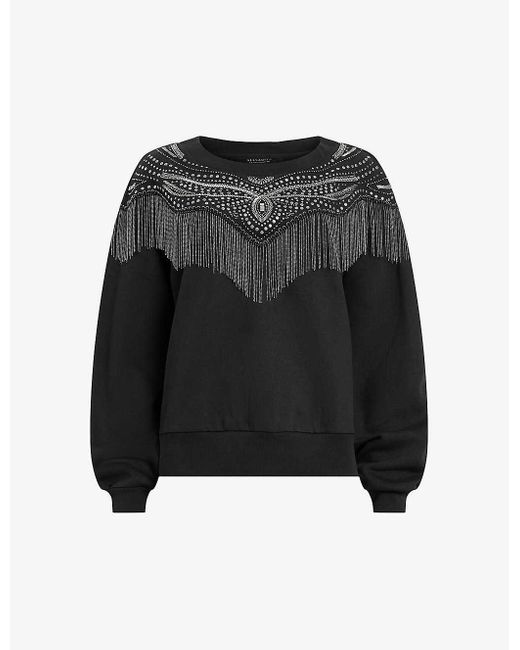 AllSaints Black Winona Jaine Chain-embellished Relaxed-fit Organic-cotton Sweatshirt