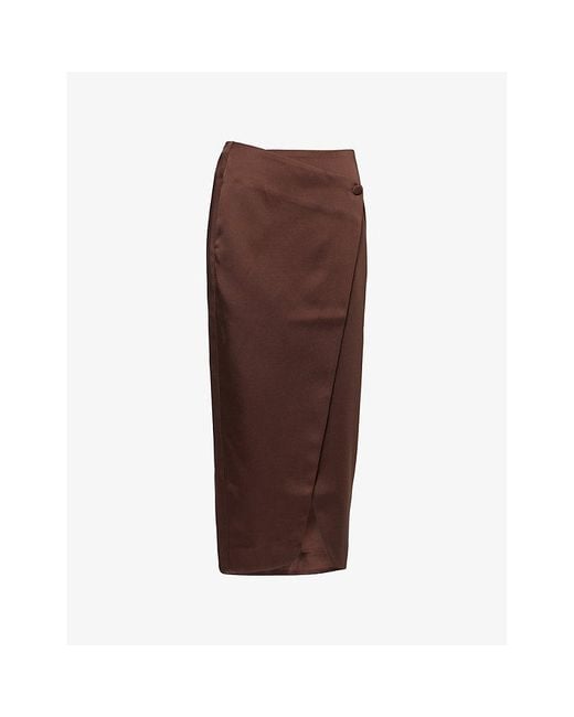 REMAIN Birger Christensen Brown Bane Wrap Satin Midi Skirt