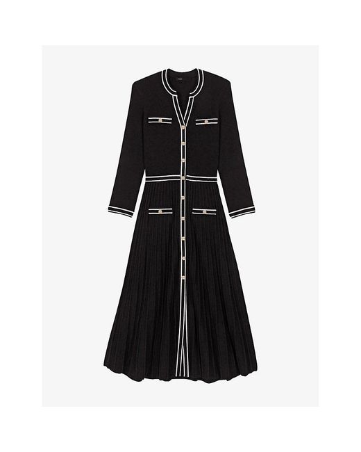 Maje Black Pleated V-Neck Stretch-Knit Midi Dress