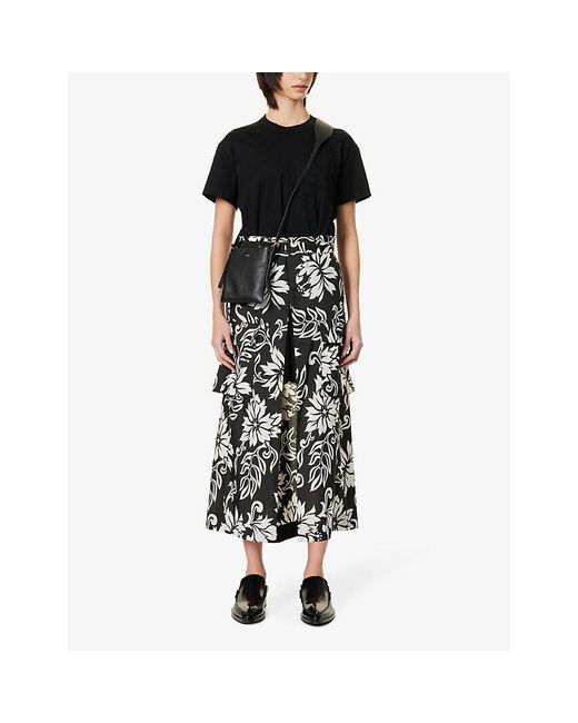 Sacai Black Floral-print Flap-pocket Cotton Midi Dress X