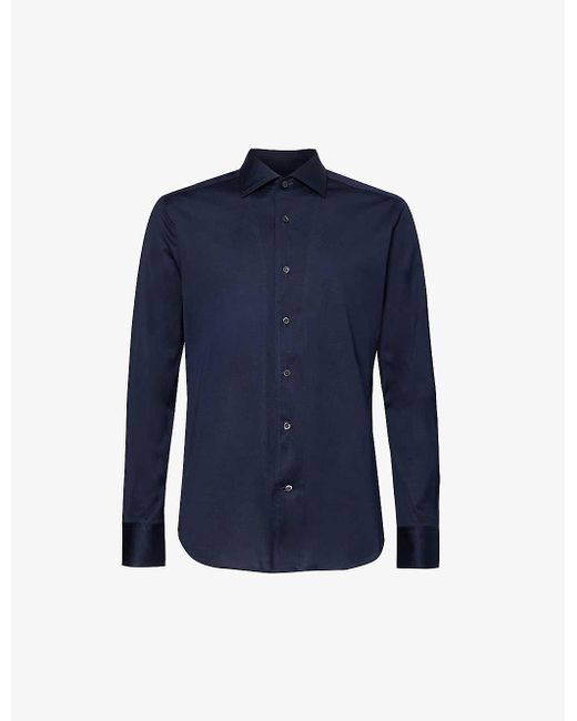 Corneliani Blue Spread-collar Long-sleeved Regular-fit Cotton Shirt for men