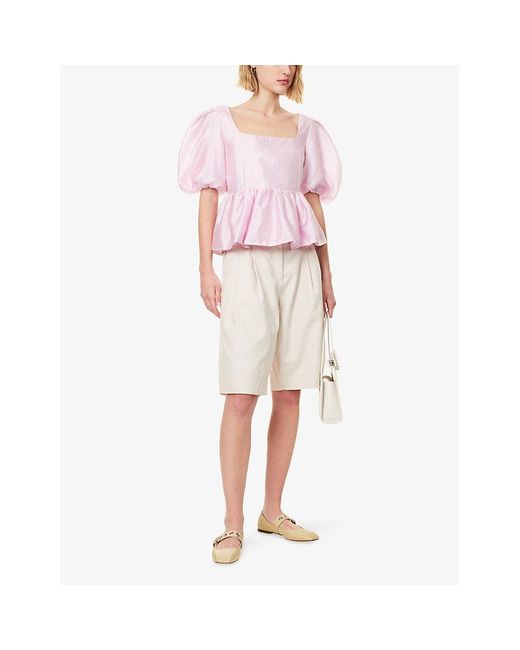 Stine Goya Pink Puff-Sleeve Peplum-Hem Woven Top