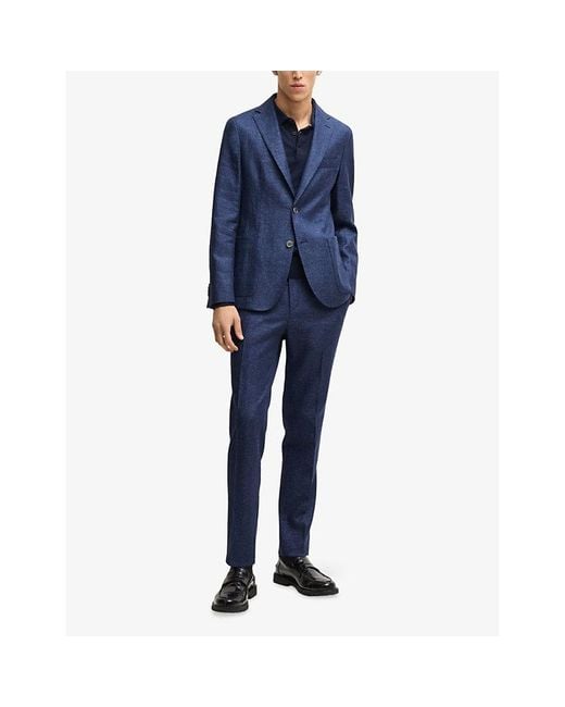 Boss Blue Notched-Lapel Single-Breasted Slim-Fit Woven Blazer for men