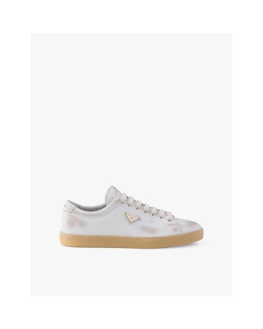 Prada White Triangle-Plaque Vintage-Effect Leather Low-Top Trainers for men