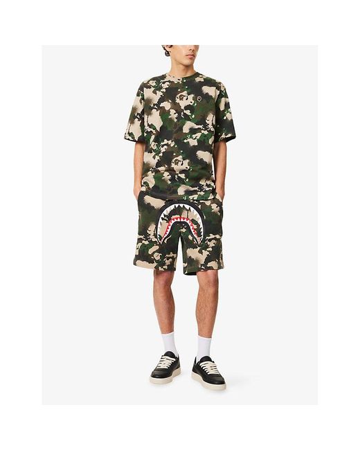 A Bathing Ape Green Shark-Graphic Camo Cotton-Jersey Sweat Shorts for men