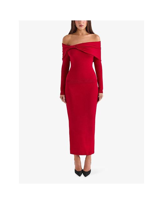 House Of Cb Red Faith Slim-Fit Knitted Midi Skirt