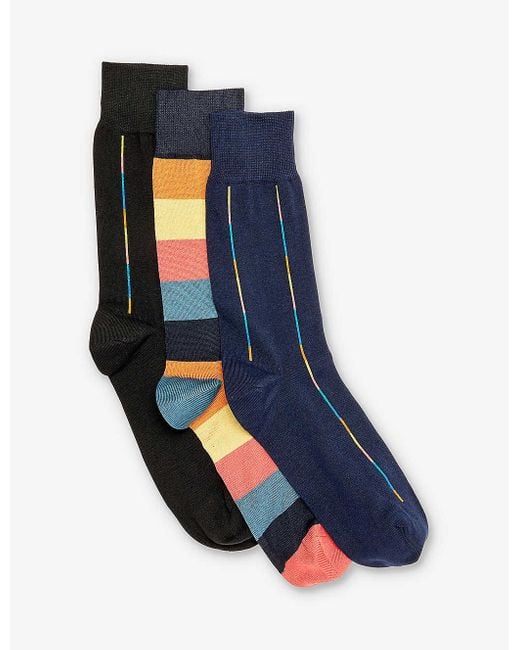 Paul Smith Blue Artist Striped Pack Of Three Cotton-blend Socks for men