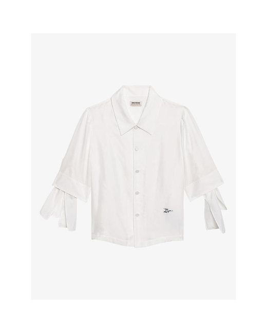 Zadig & Voltaire White Telmy Brand-Embroidered Short-Sleeve Silk Shirt