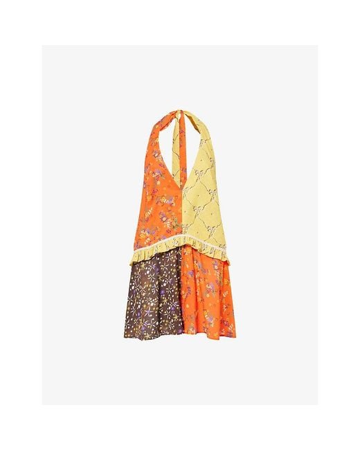 Siedres Orange Suliens Halter-Neck Cotton-Blend Playsuit
