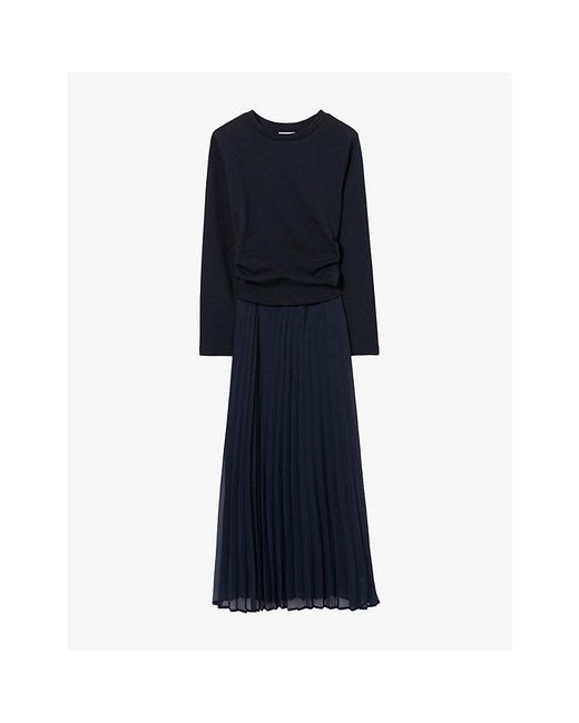Claudie Pierlot Blue Long-Sleeved Pleated Cotton And Woven Maxi Dress