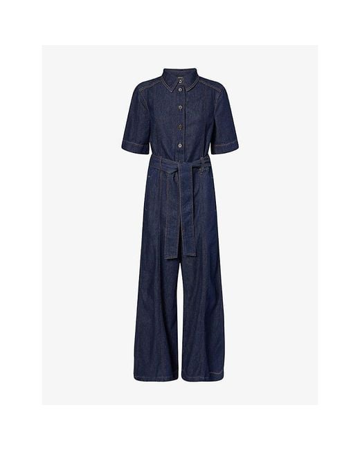 ME+EM Blue Wide-Leg Relaxed Belted Cotton Jumpsuit