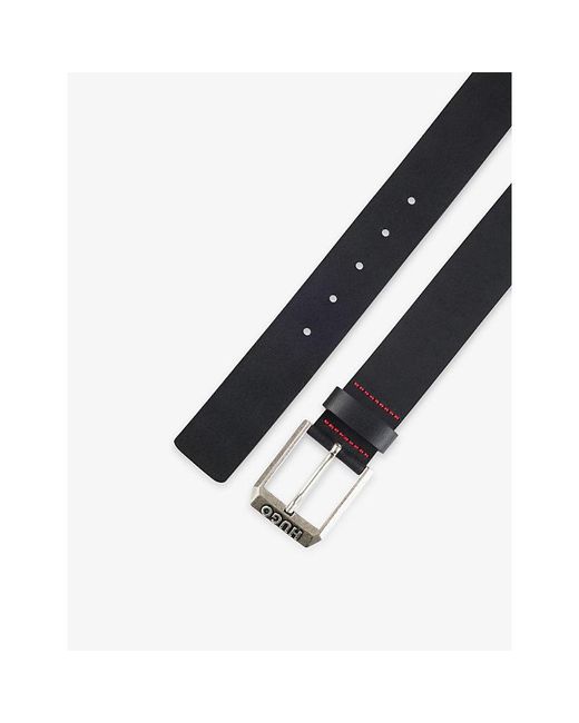 HUGO Black Branded-Buckle Leather Belt for men