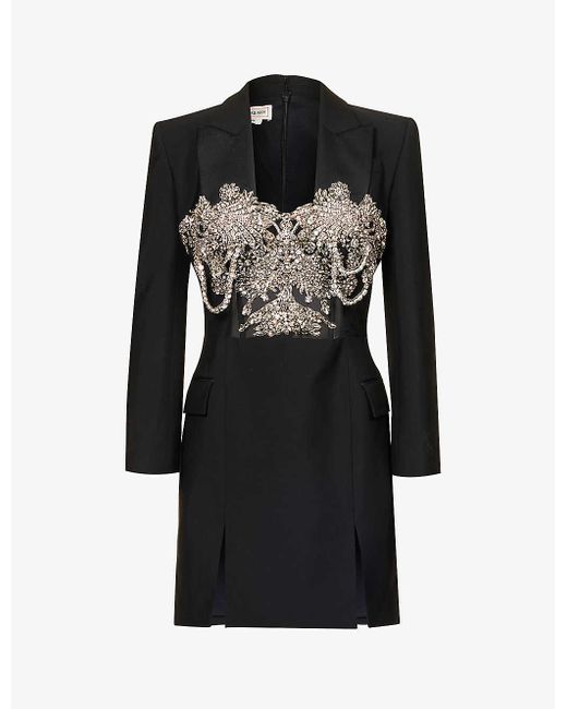 Alexander McQueen Black Embellished-bodice Peak-lapel Slim-fit Wool Mini Dress