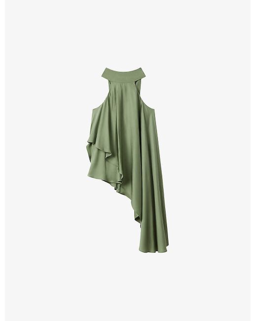 Reiss Green Elsie High-neck Asymmetric-drape Woven Top