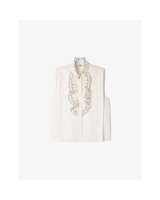 Sandro White Sleeveless Ruffled-Collar Woven Shirt