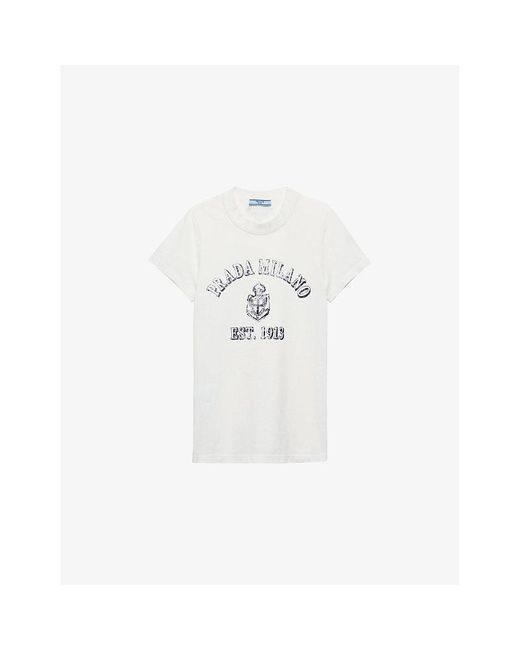 Prada White Logo-Print Triangle-Appliqué Cotton-Jersey T-Shirt