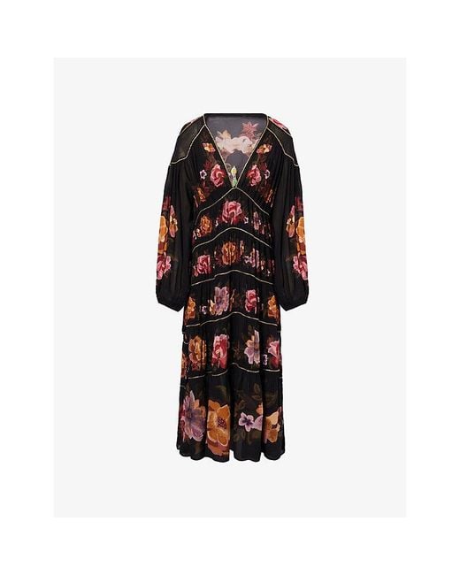 Farm Rio Red Chenille Flowers Long-Sleeve Woven Maxi Dress