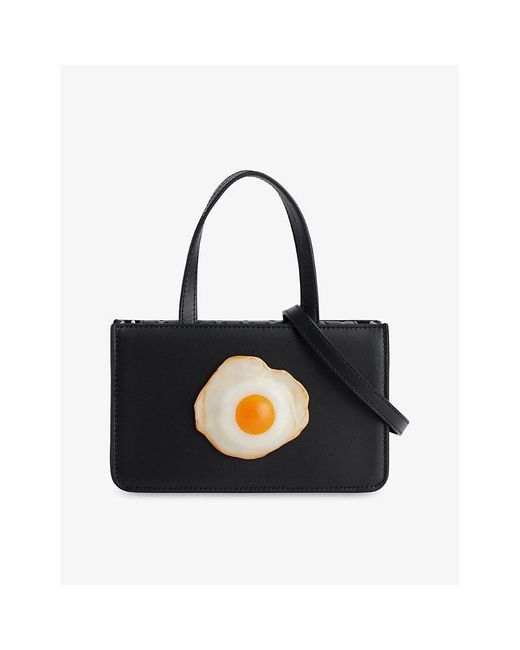Puppets and Puppets Black egg-appliqué Small Leather Top-handle Bag