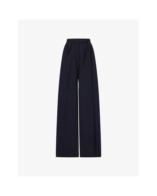 Max Mara Blue Pleated Straight-Leg Wool Seersucker Trousers