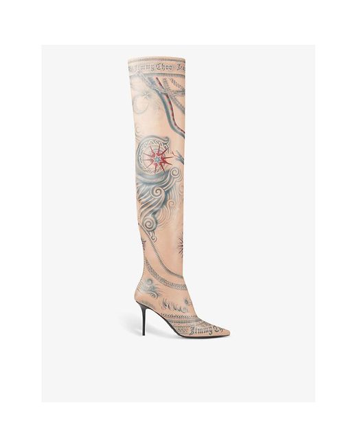Jimmy Choo White X Jean Paul Gaultier Tattoo-print Leather Heeled Over-the-knee Boots