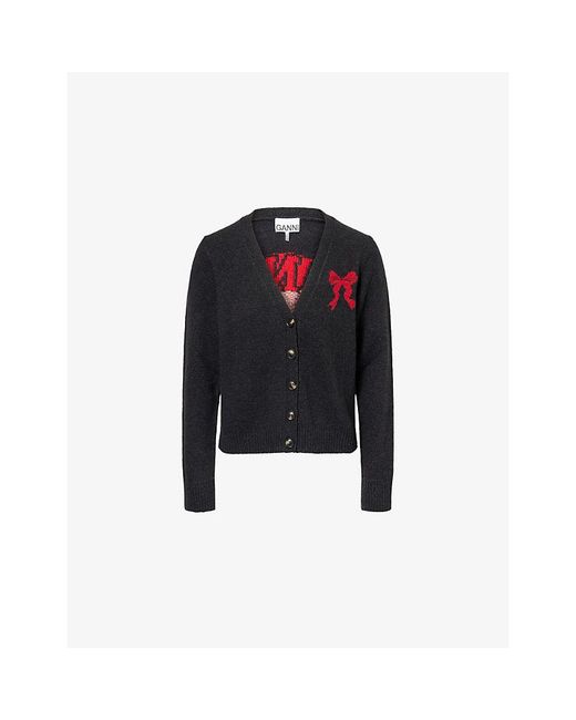 Ganni Black Bunny-Intarsia V-Neck Wool-Blend Cardigan