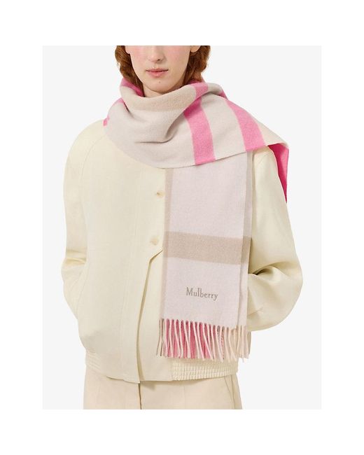 Mulberry Pink Large-Check Merino-Wool Scarf