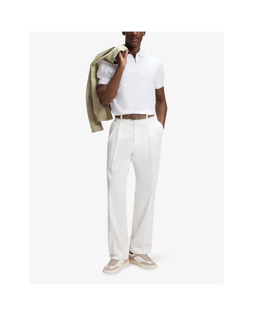 Boss White Short-Sleeved Half-Zip Cotton Polo Shirt for men
