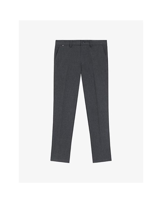 Boss Gray Herringbone Slim-Leg Stretch-Woven Trousers for men