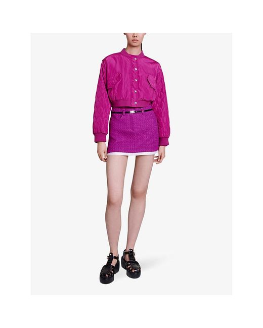 Maje Purple Relaxed-fit Quilted-sleeve Cropped Woven Bomber Jacket