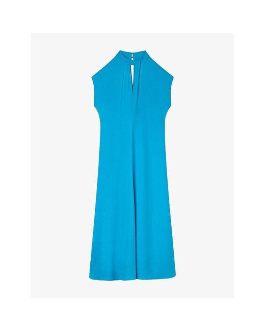 Whistles Blue Twist-Neck Cap-Sleeved Crepe Midi Dress