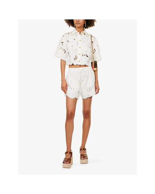 Zimmermann White Mahon Embroidered Cotton Shorts