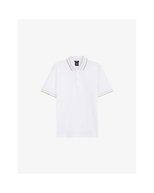 Boss White Contrast-Trim Short-Sleeve Cotton Polo for men