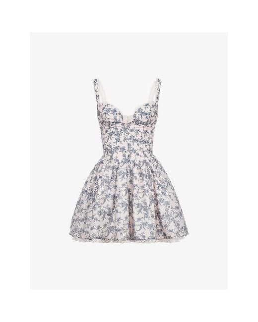 House Of Cb White Brigitte Print Corset Linen-Blend Mini Dress