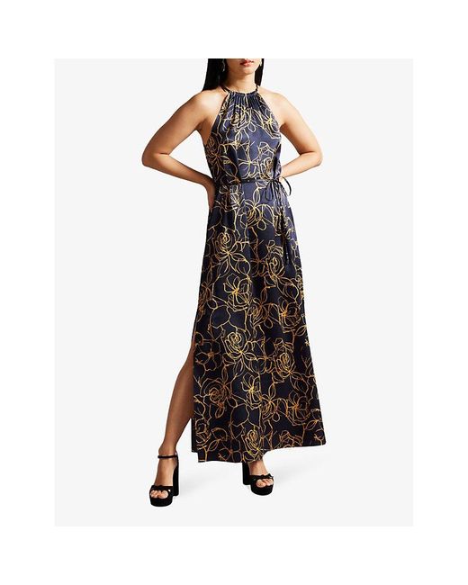 Ted Baker Black Vy Roxiell Floral-print Halter-neck Woven Maxi Dress
