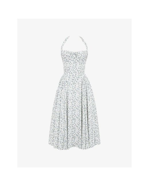 House Of Cb White Adabella Halter-neck Floral-print Cotton-blend Midi Dress