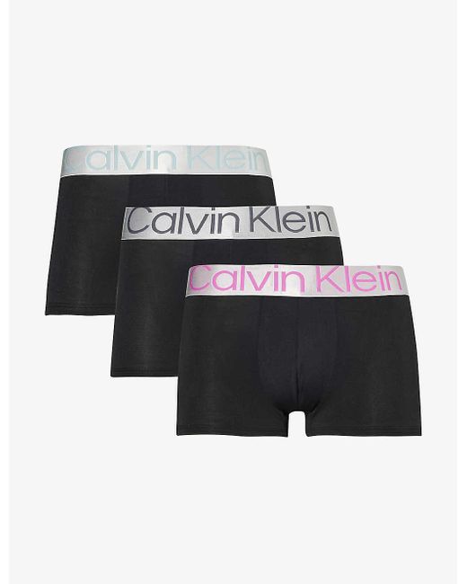 Calvin Klein Black Logo-waistband Low-rise Pack Of Three Stretch-recycled Polyester Trunk for men