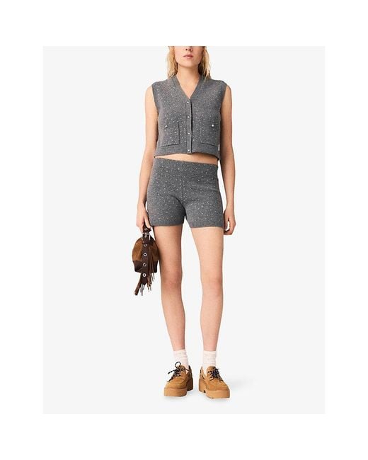 Maje Gray Rhinestone-Embellished Knitted Wool Vest Top