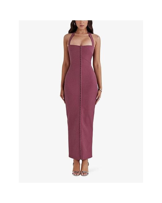 House Of Cb Purple Mia Halter-Neck Body-Con Woven Maxi Dress