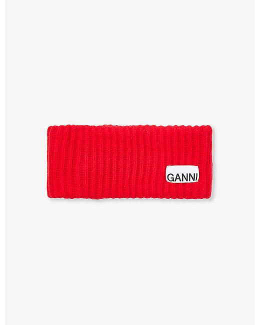 Ganni Red Logo-patch Ribbed Wool-blend Headband